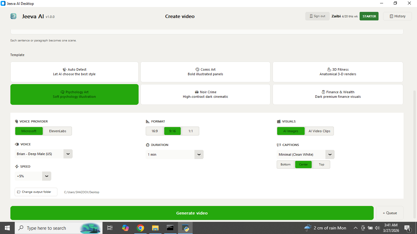 Full controls — voice, format, duration, captions, AI style